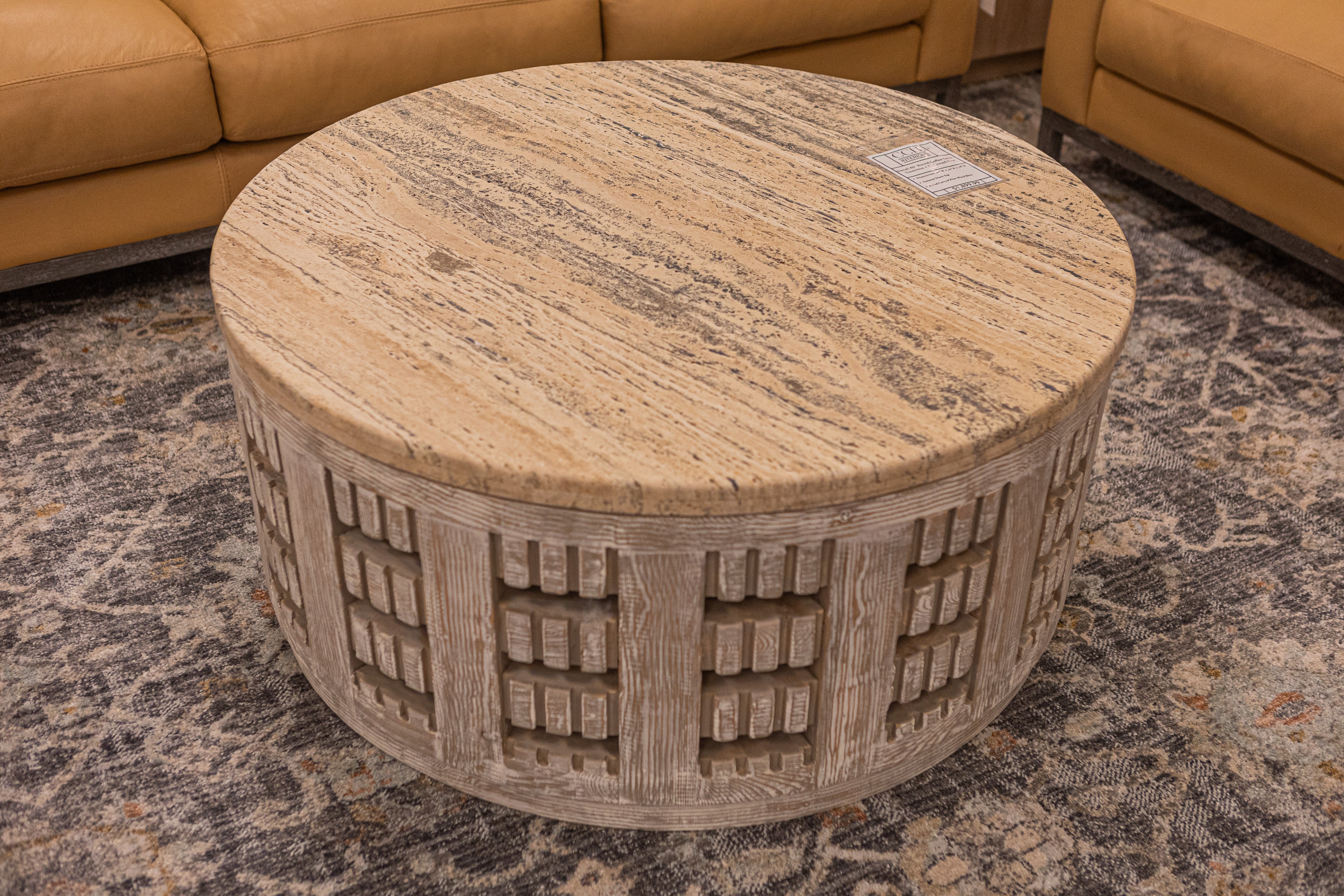 Denali 40" Round Coffee Table - Travertine + Reclaimed Pine