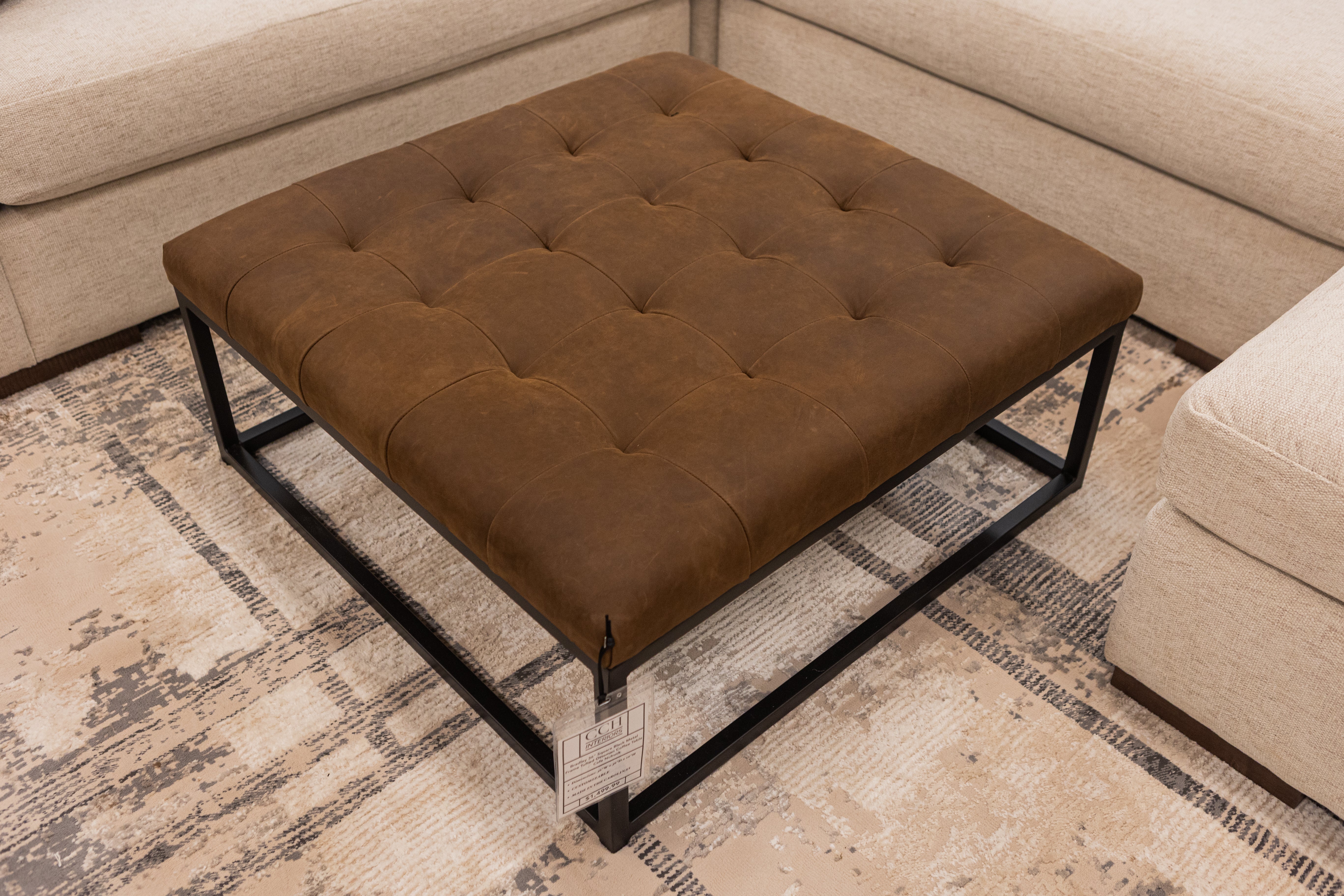 Bradley 36" Square Black Metal Frame Tufted Ottoman Coffee Table - Cafe Nubuck