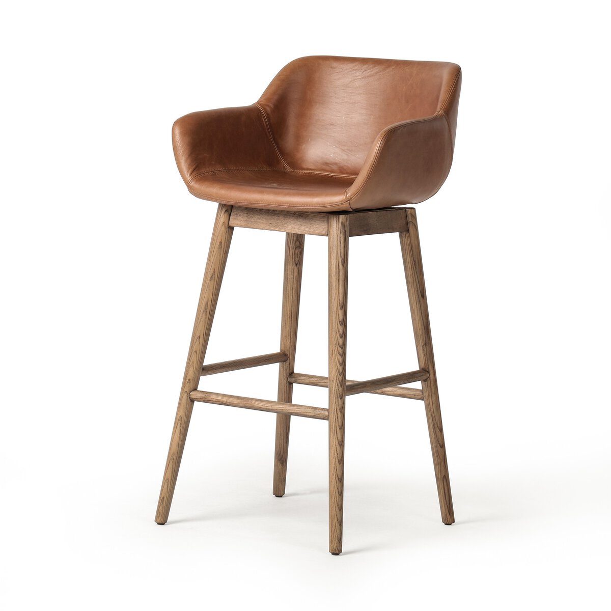 Maya Top Grain Leather Swivel Bar Stool - Chestnut + Oak