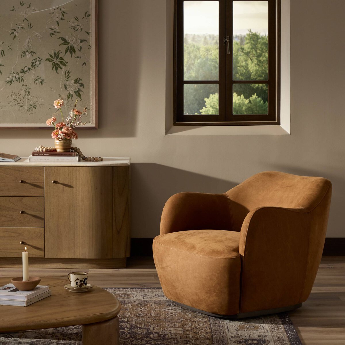 Aurelia 35" Top Grain Leather Swivel Chair - Parawood + Nubuck Cognac