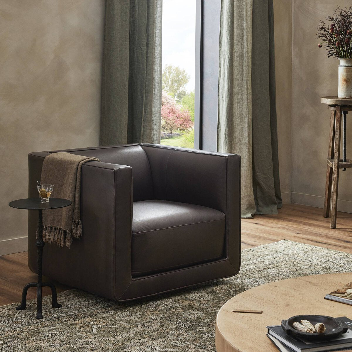 Philips 34" Top Grain Leather Swivel Chair - Heirloom Cigar