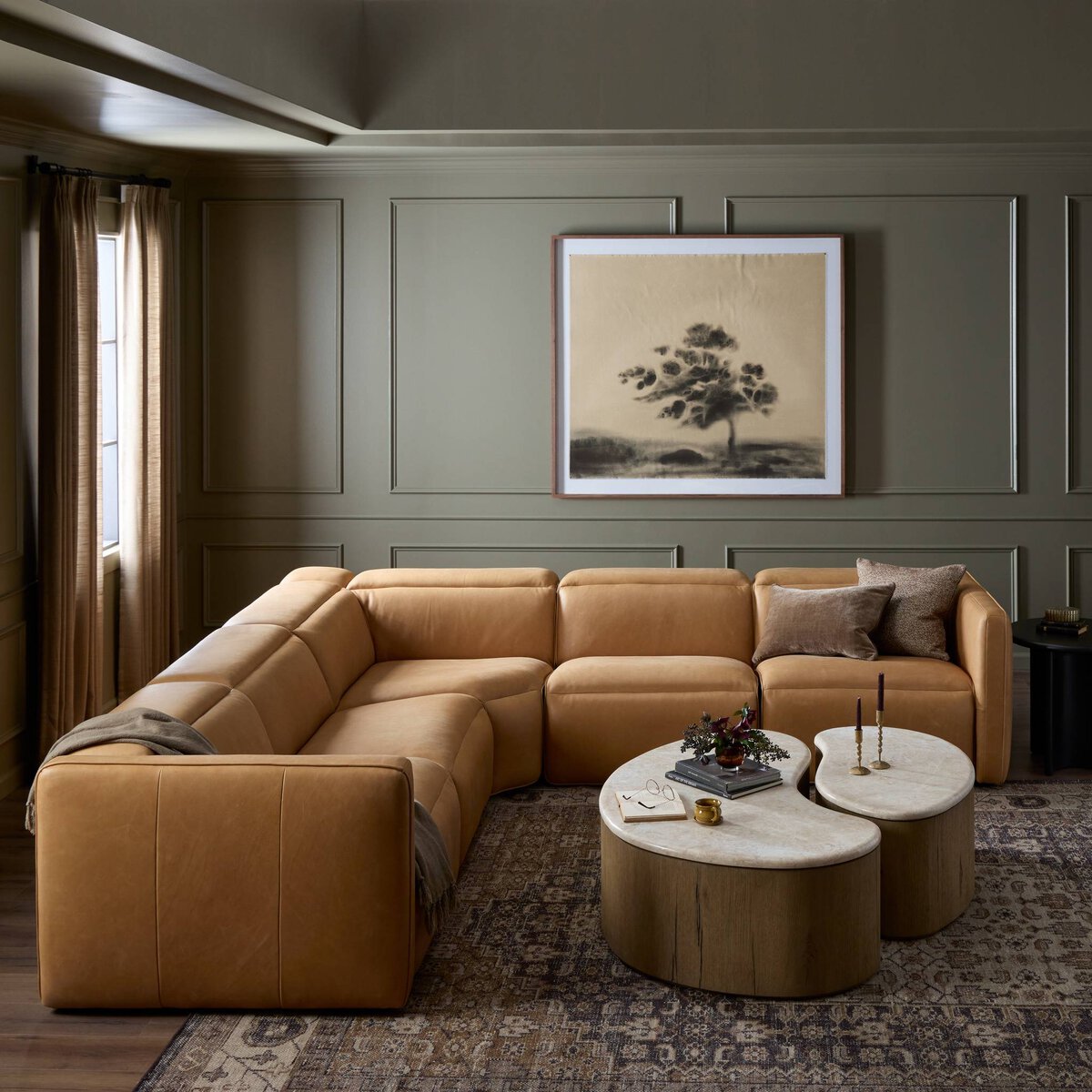 Kinsley 125" 5 Piece Top Grain Leather Modular Sectional - Palermo Cognac