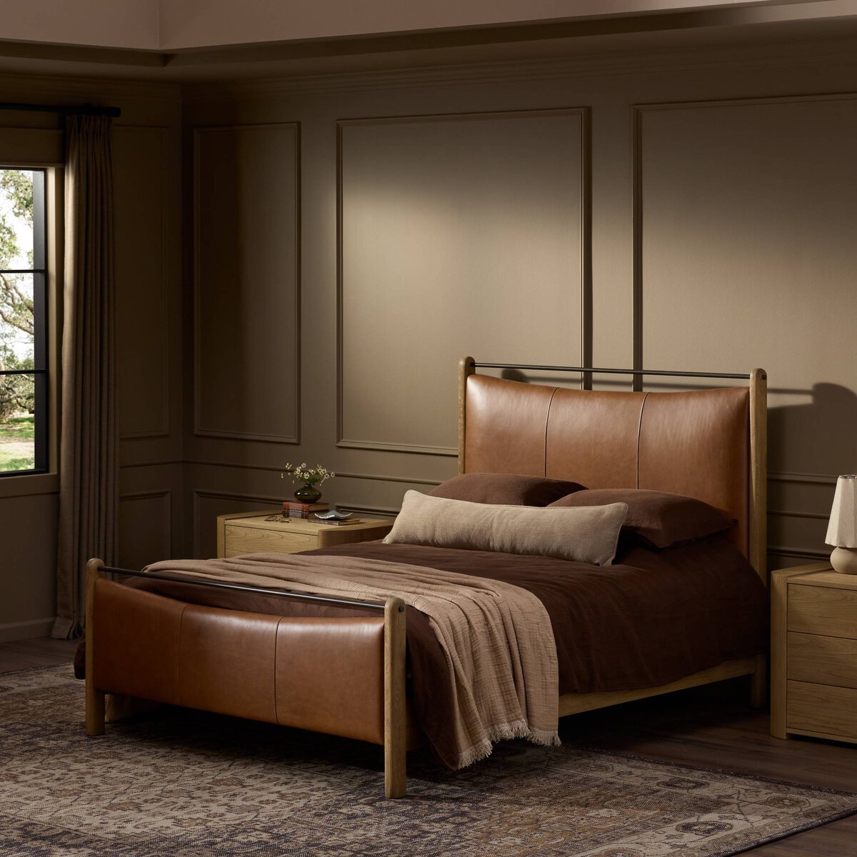 Dessen 80" King Top Grain Leather Bed - Oak + Sonoma Chestnut