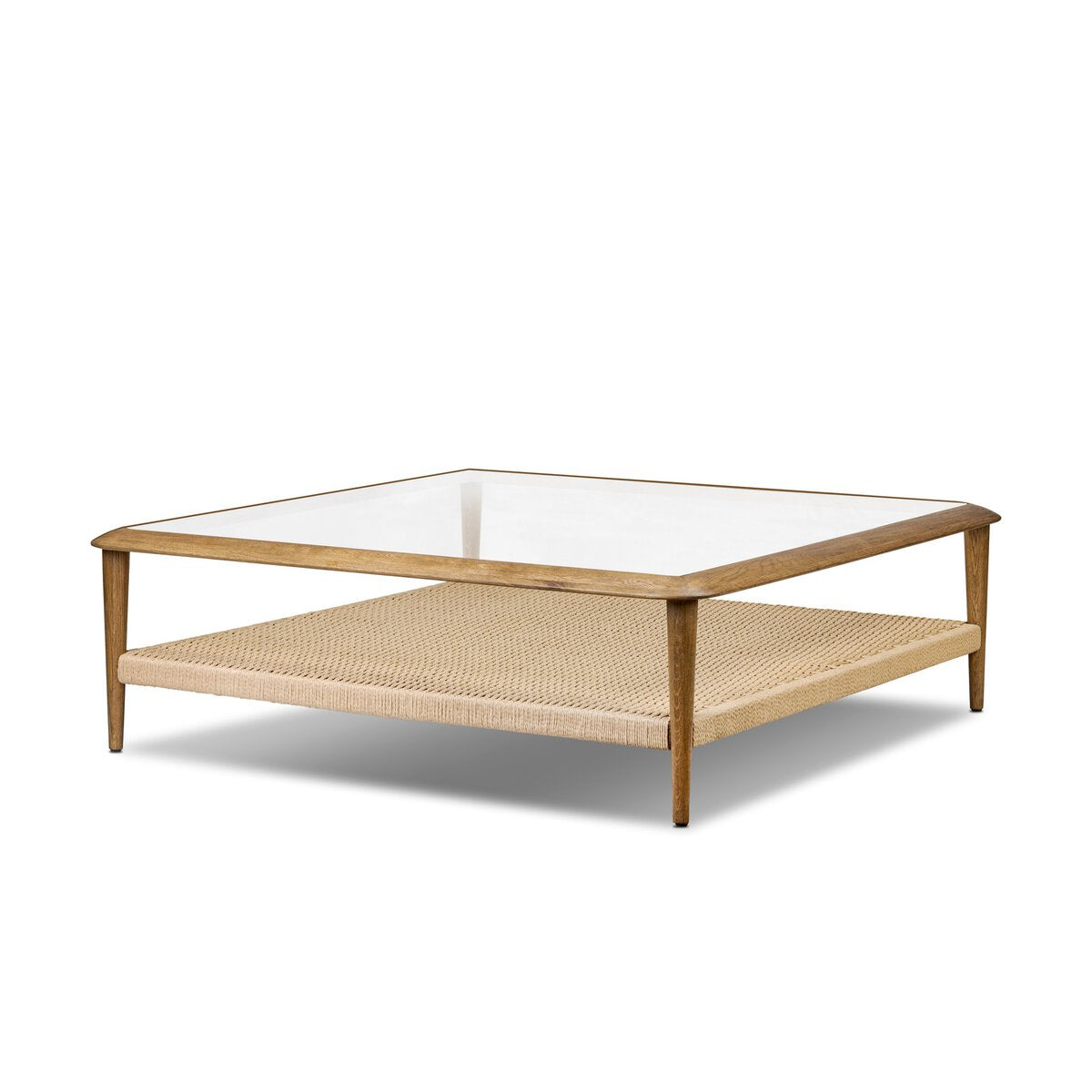 Carmela 50" Square Glass Coffee Table - Tempered Glass + Medium Brown Oak