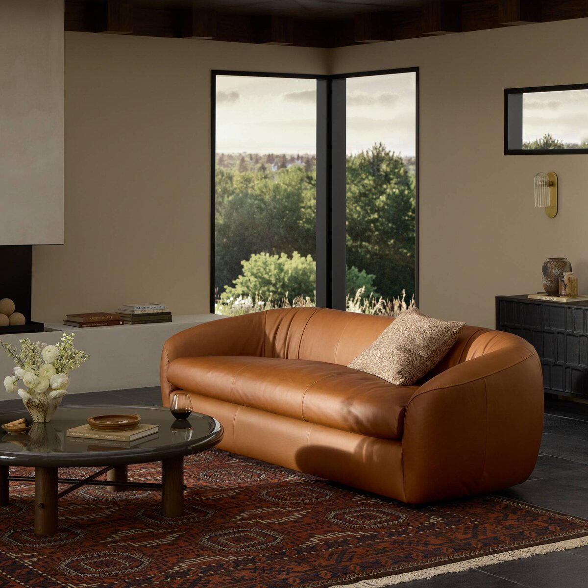 Saluda 95" Top Grain Leather Bench Cushion Sofa - Lorento Cognac