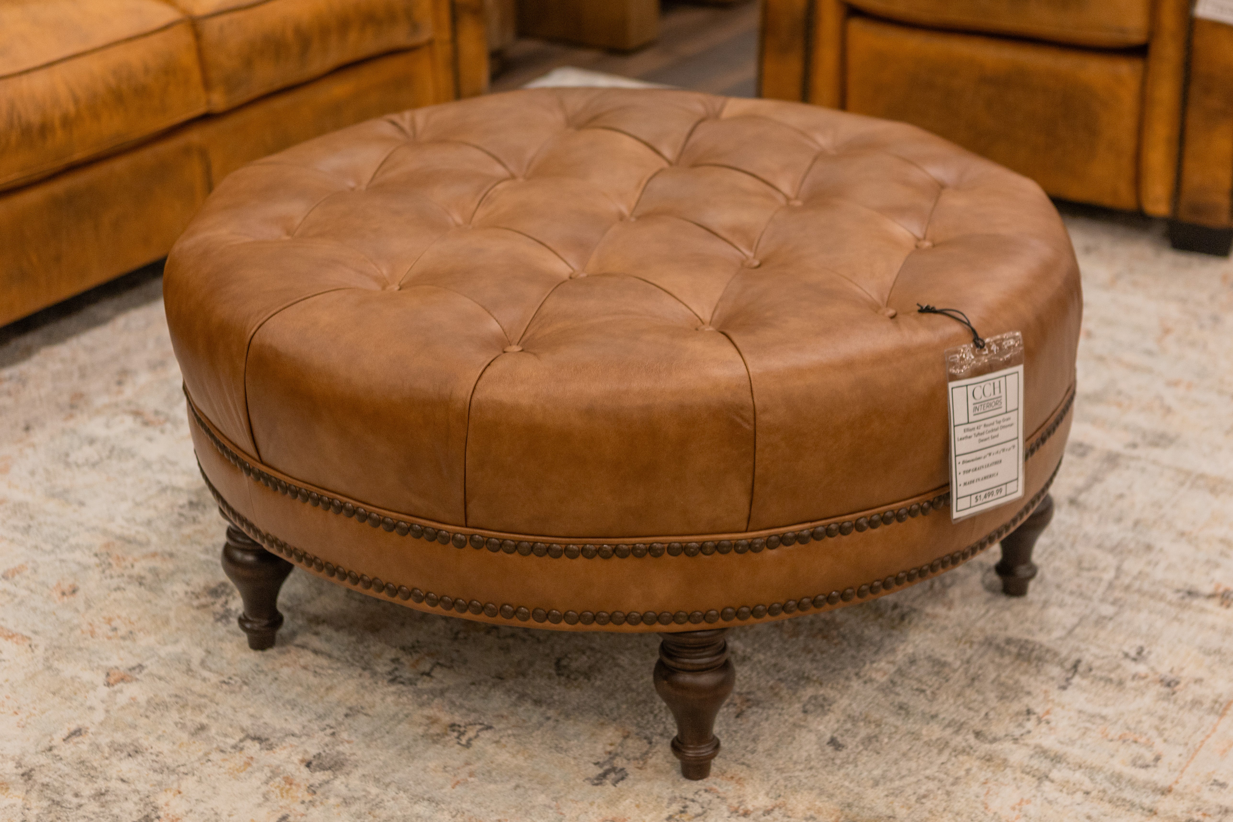 Elliott 42" Round Top Grain Leather Tufted Cocktail Ottoman - Desert Sand
