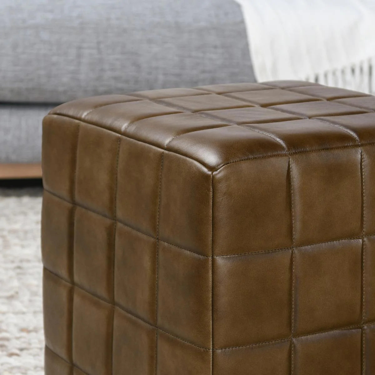 Osbert 18" Top Grain Leather Square Ottoman - Tuckany Chestnut