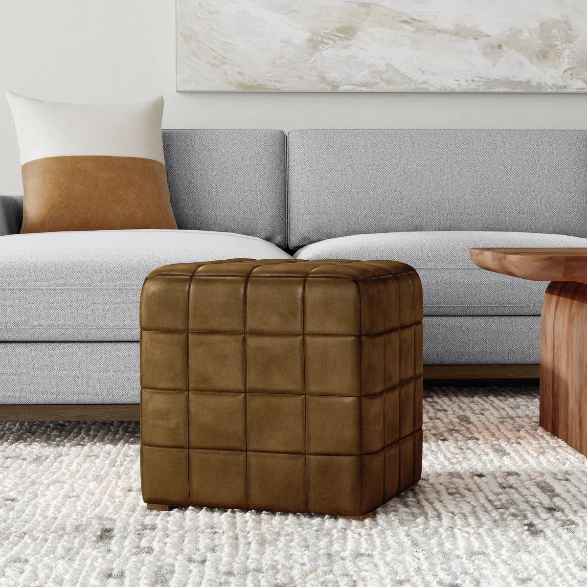 Osbert 18" Top Grain Leather Square Ottoman - Tuckany Chestnut