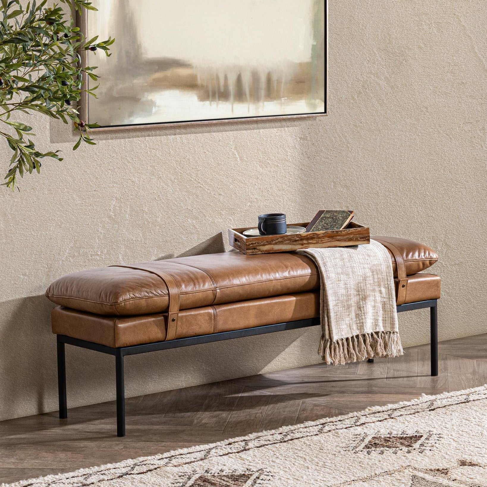 Mazzie 54" Top Grain Leather Bench - Tan