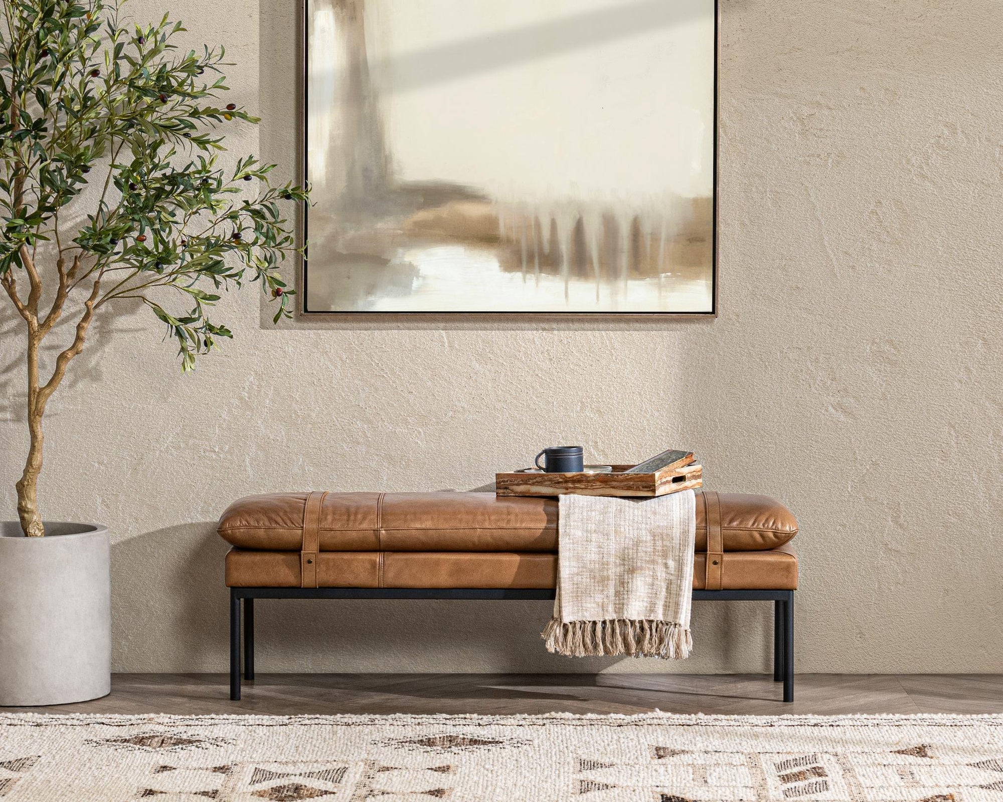 Mazzie 54" Top Grain Leather Bench - Tan