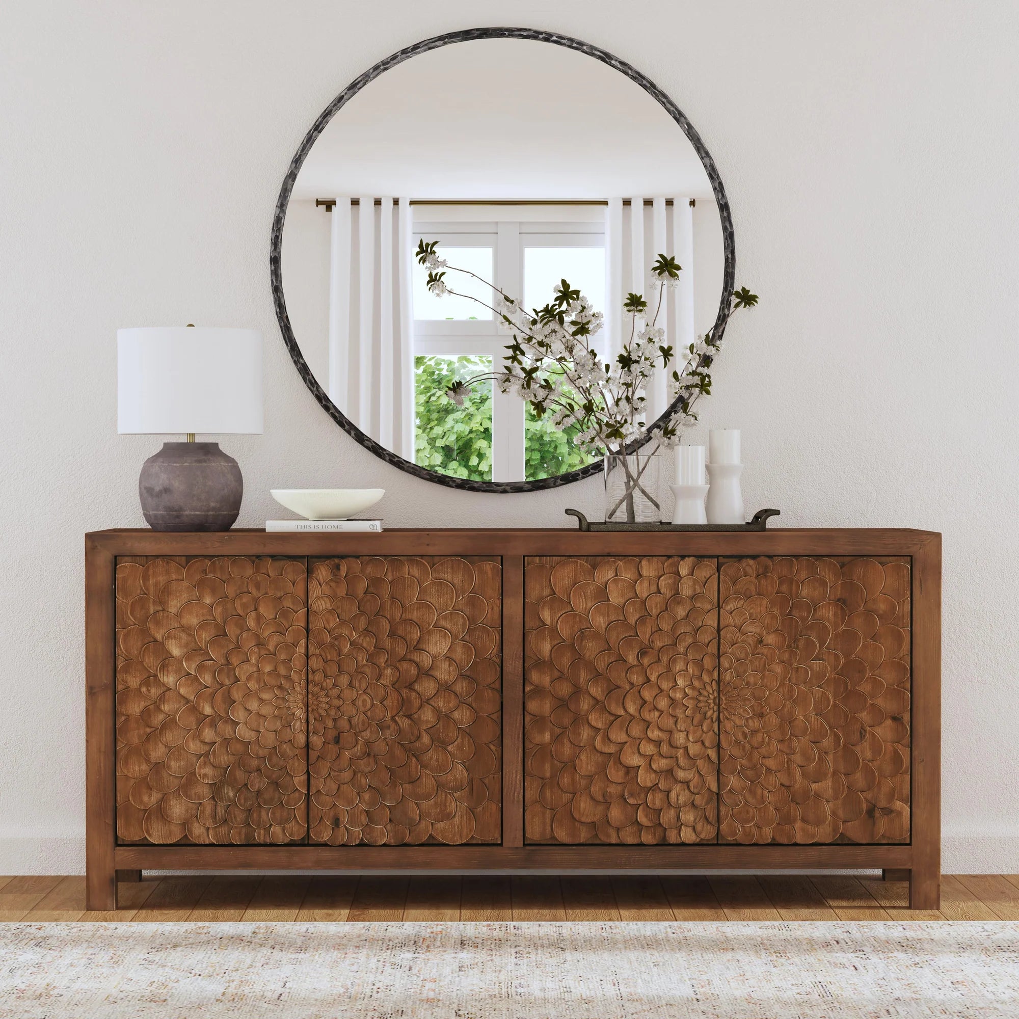 Dahlia 86" 4 Door Hand Carved Sideboard - Natural