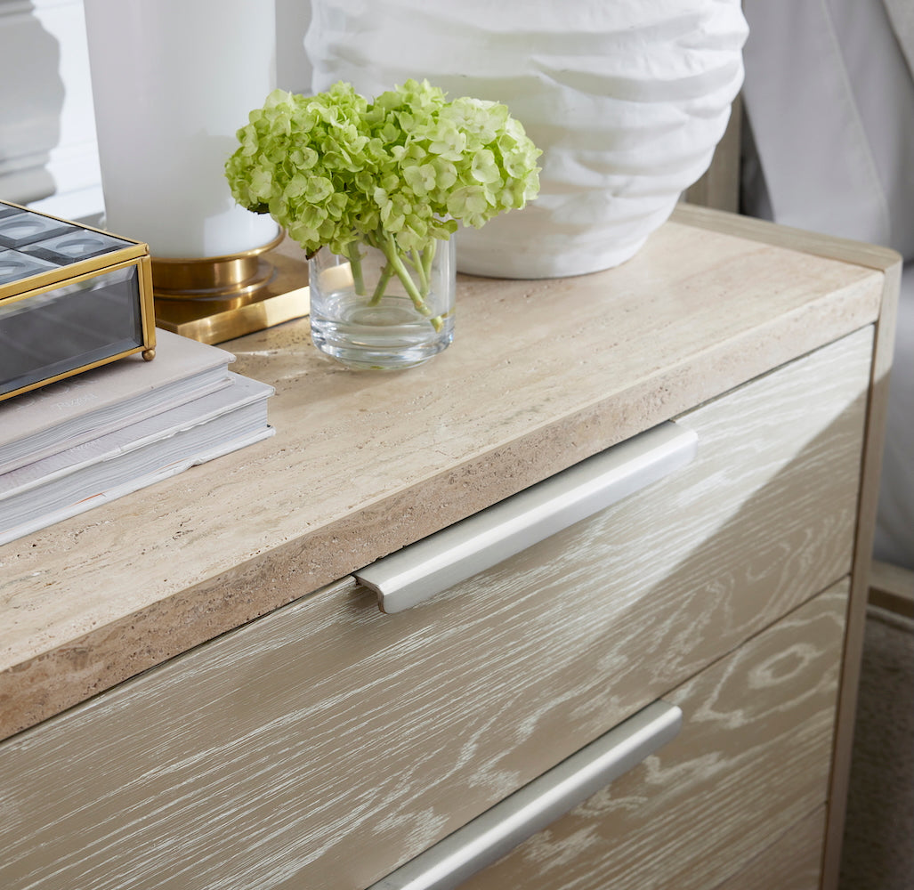 Warren 34" Oak & Marble Three Drawer Nightstand - Stone Wash + Limestone