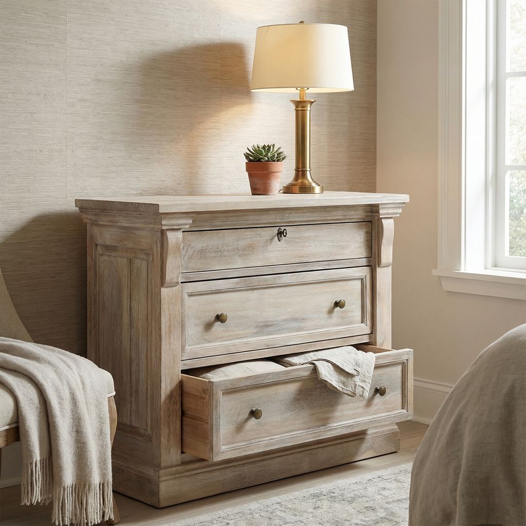 Adelaide Three-Drawer Mango Wood Nightstand In White Wash Classic Home