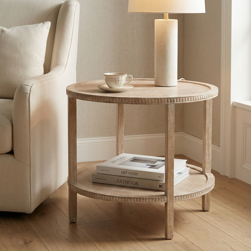 Amber 28" Round End Table - New White Wash