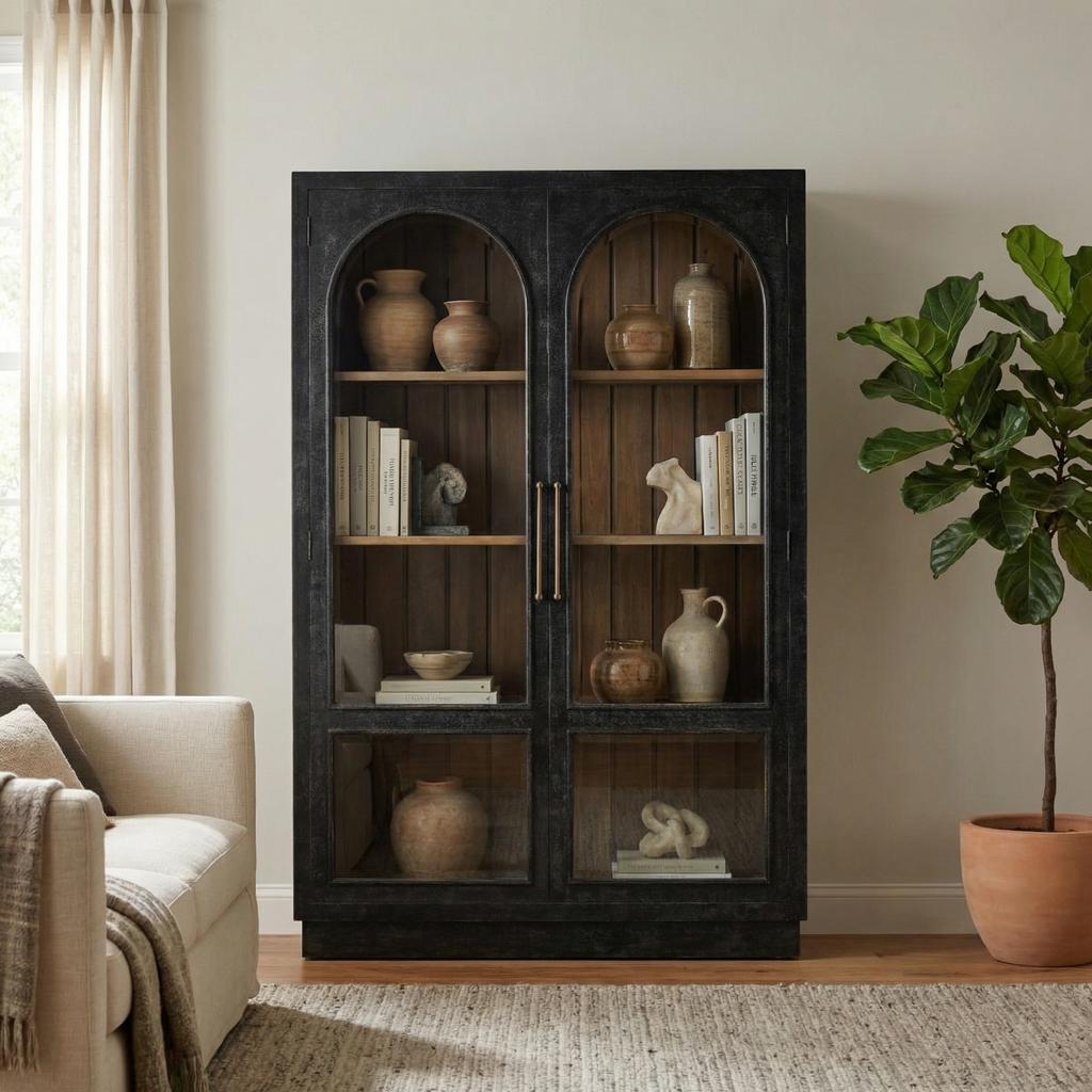 Bellamy 55" Tall 2 Door Glass Shelf Cabinet - Vintage Black + Straw Wash