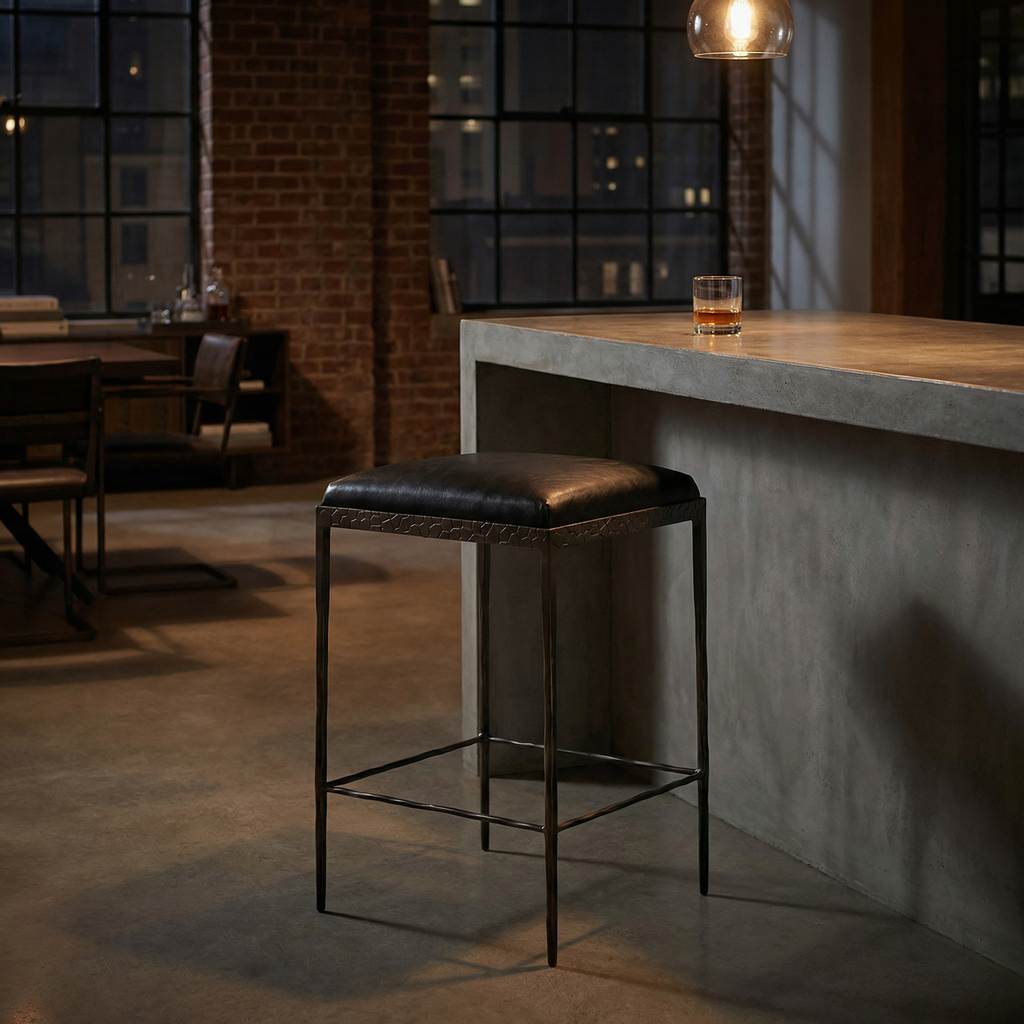 Bodica Leather 26" Counter Stool - Onyx Black + Hammered Bronze