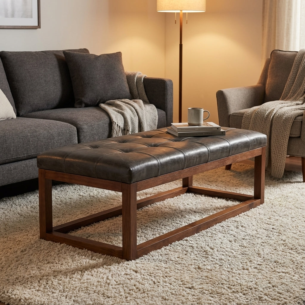 Bradley 44" Wood Frame Top Grain Leather Ottoman Coffee Table - Dark Mushroom Taupe