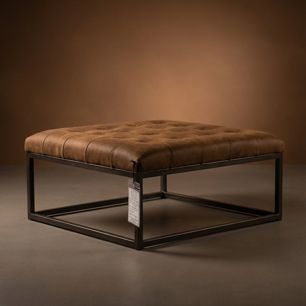 Bradley 36" Square Black Metal Frame Tufted Ottoman Coffee Table - Cafe Nubuck