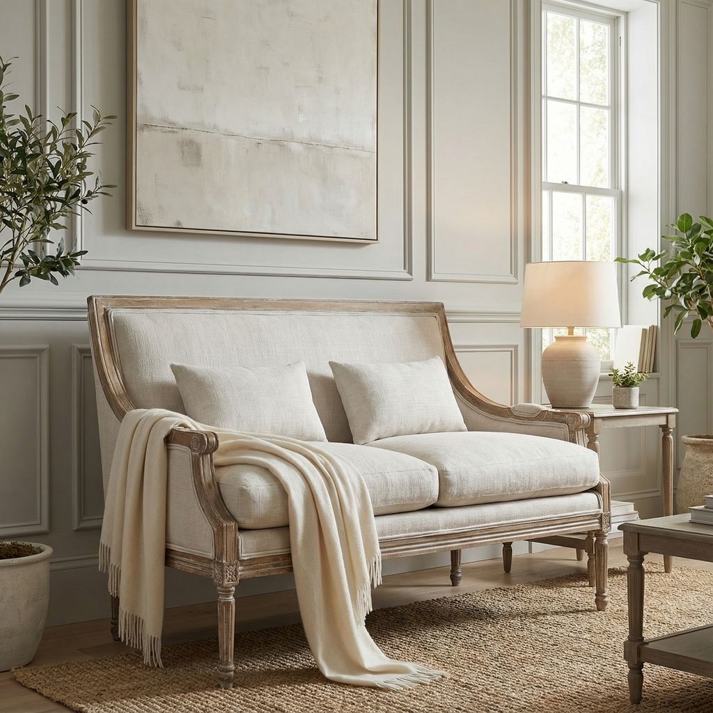 Caitlin 54" Settee - Natural Linen + Driftwood