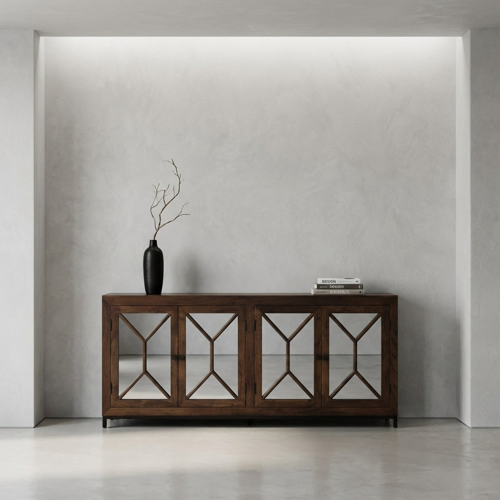 Candace 82" Smoked Glass 4 Door Sideboard - Natural + Black