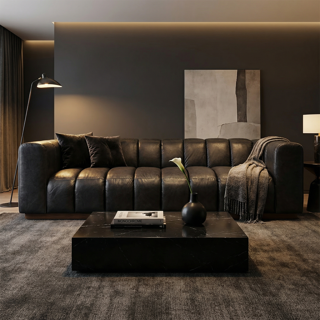 Carillo 91" Top Grain Leather Bench Sofa - Black Anthracite