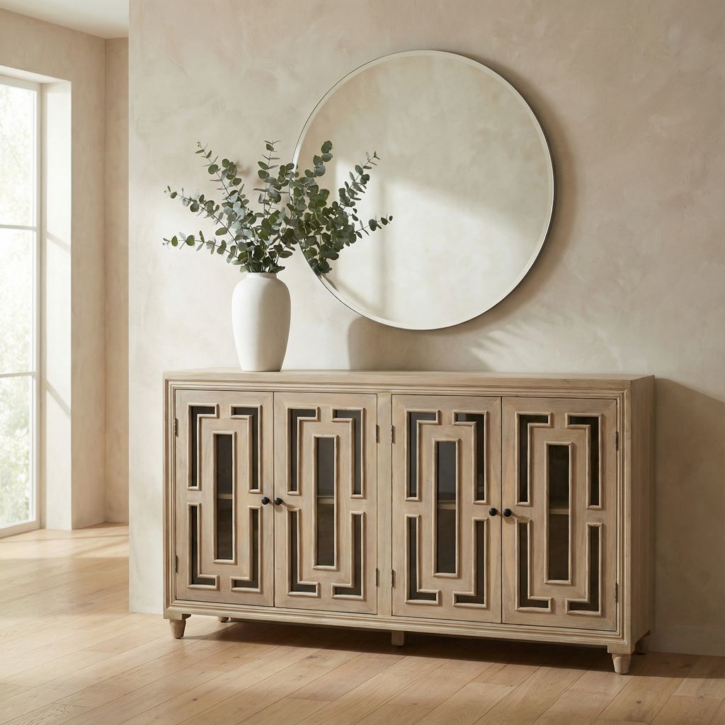 Dominic 71" Acacia 4 Door Glass Front Sideboard - New White Wash