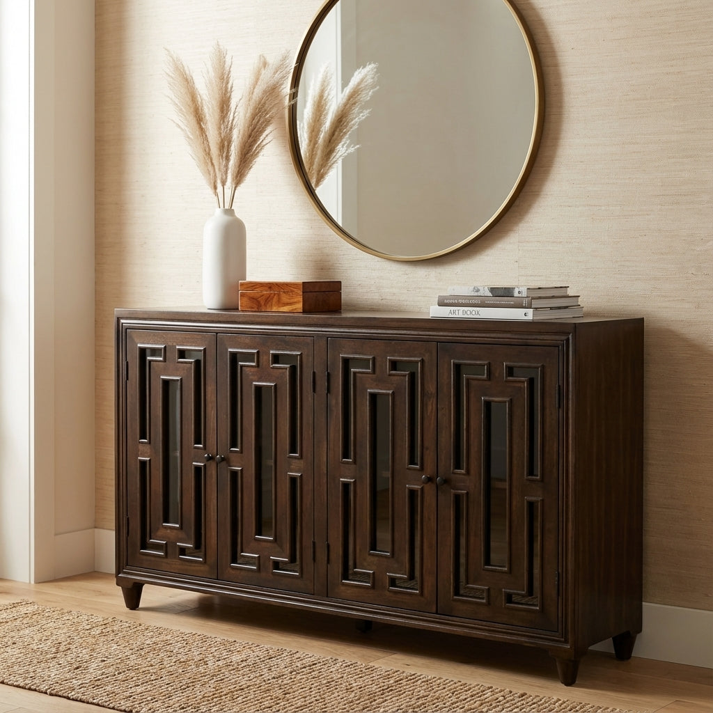 Dominic 71" Acacia 4 Door Glass Front Sideboard - Natural + Black