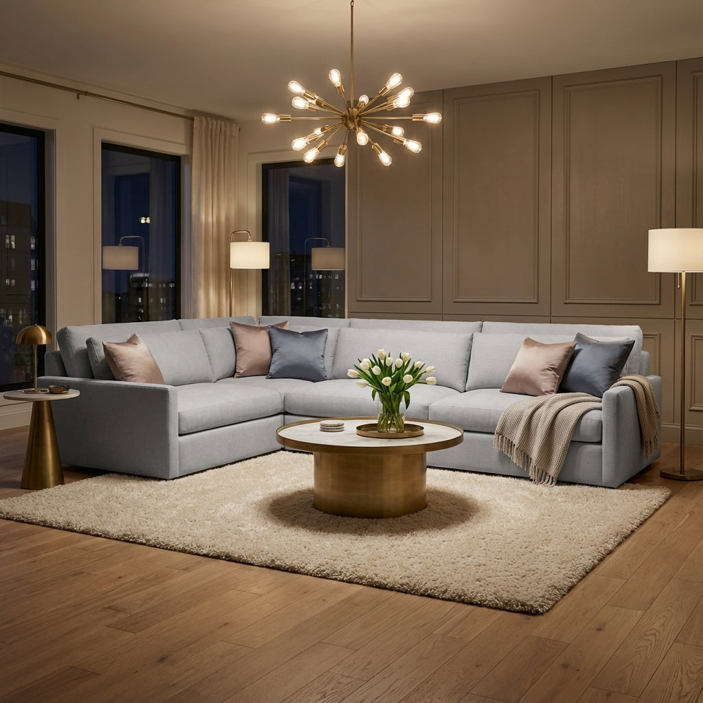 Ethan Luxe Express Ship 117" x 89" 5 Trillium Cushion Sectional + Kidney Pillow