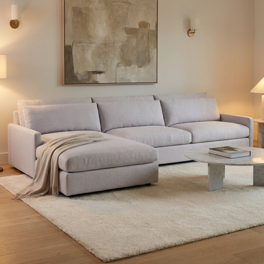 Ethan Luxe Express Ship 114" 2 Trillium Cushion Sofa + Chaise + Kidney Pillow - Crypton Quicksilver