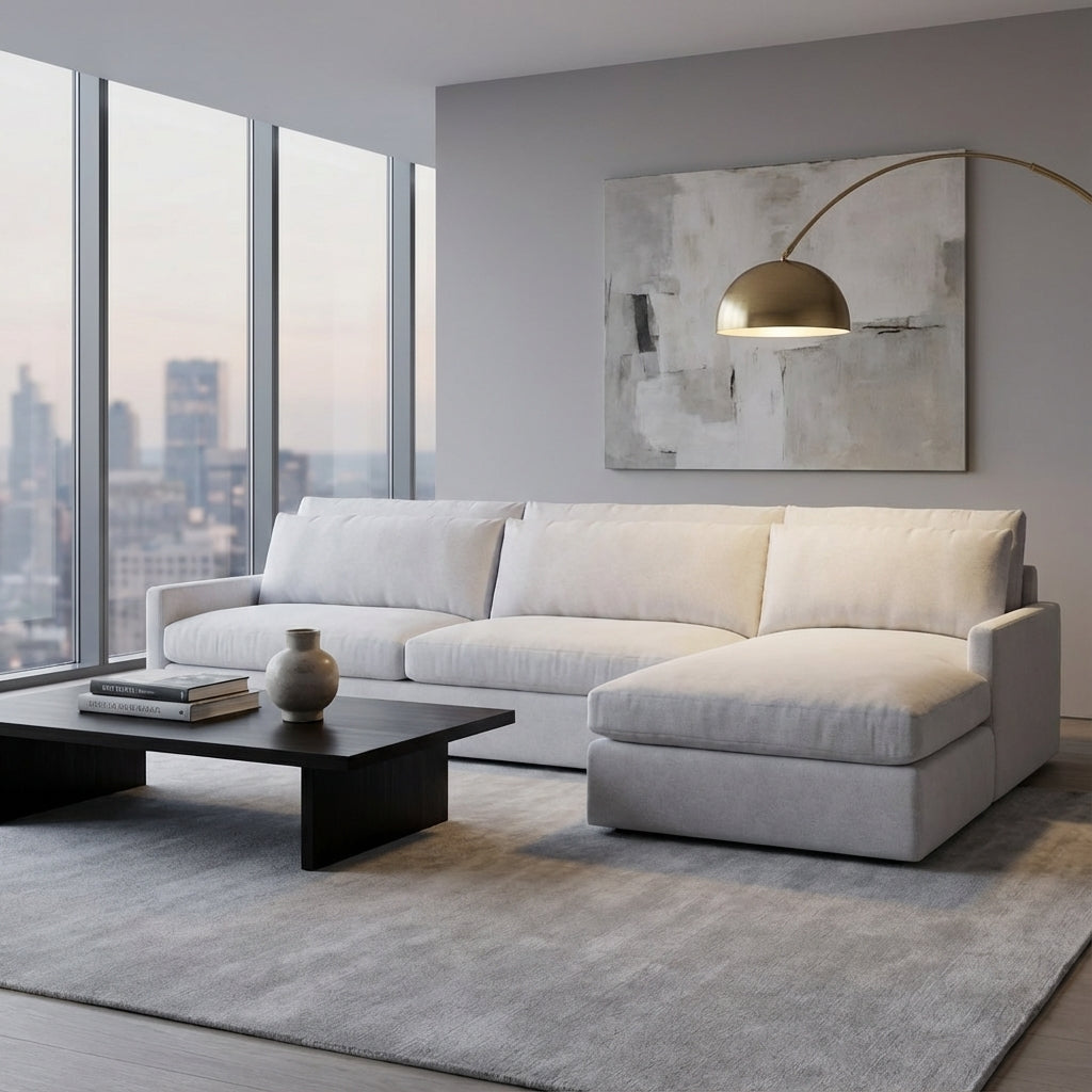 Ethan Luxe Express Ship 128" 2 Trillium Cushion Sofa + Chaise + Kidney Pillows