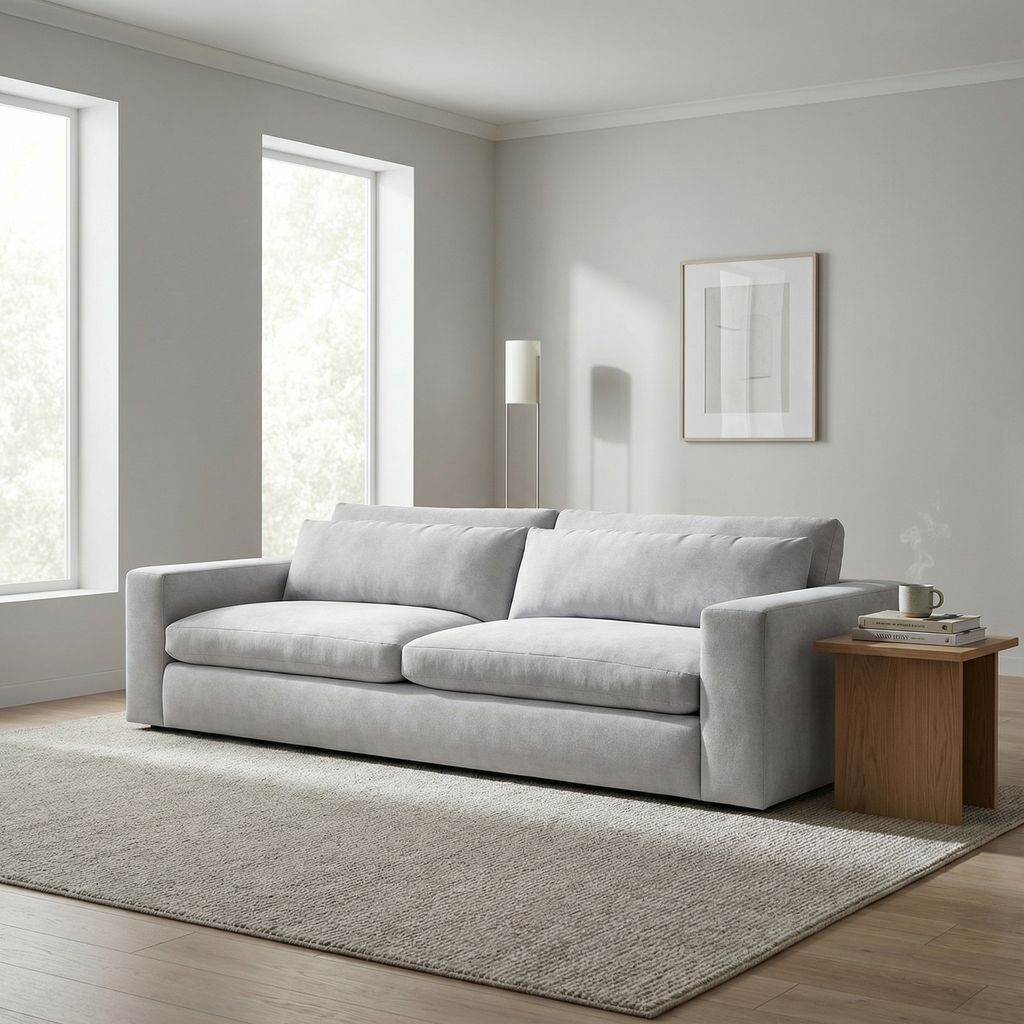 Everette Luxe Express Ship 118" 2 Trillium Cushion Sofa + Kidney Pillows