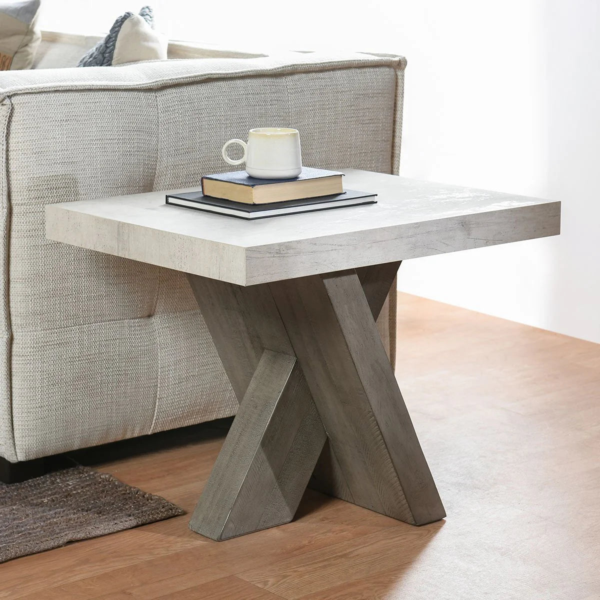 Tempe 28" X Base End Table - Reclaimed Pine + Concrete