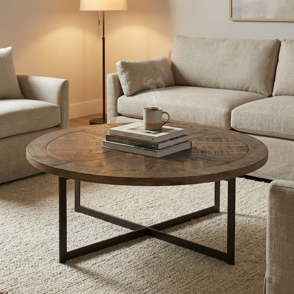 Gerard 48" Parquet Top Round Coffee Table - French Onyx + Iron