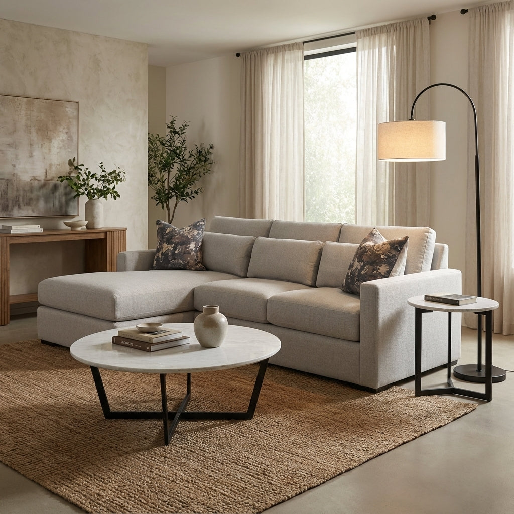 Glenda 104" Quick Ship Bench Cushion Sofa + Chaise - Crypton Quicksilver