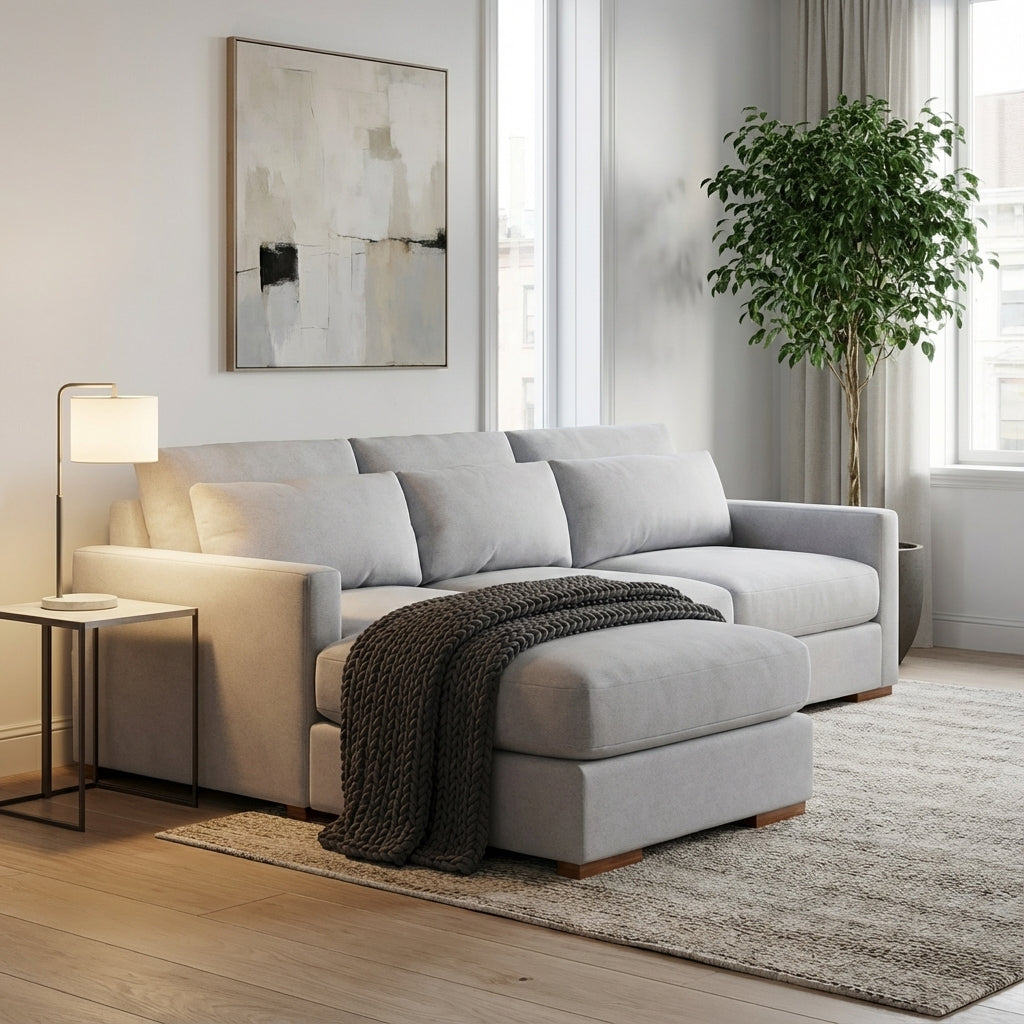 Glenda Quick Ship 104" Bench Cushion Sofa + Chaise - Crypton Natural Linen