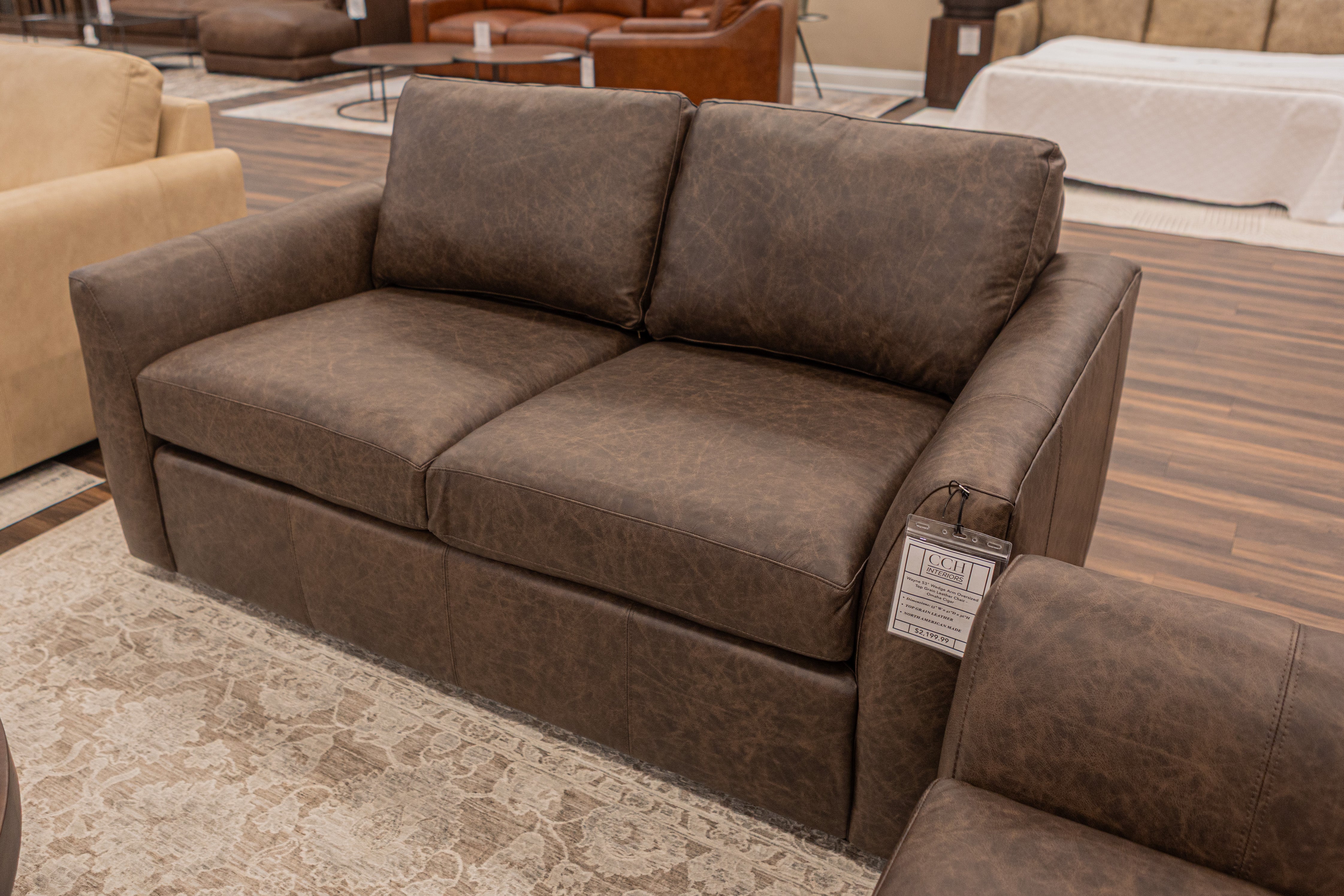 Wayne 65" Wedge Arm 2 Cushion Top Grain Leather Loveseat - Omaha Cigar