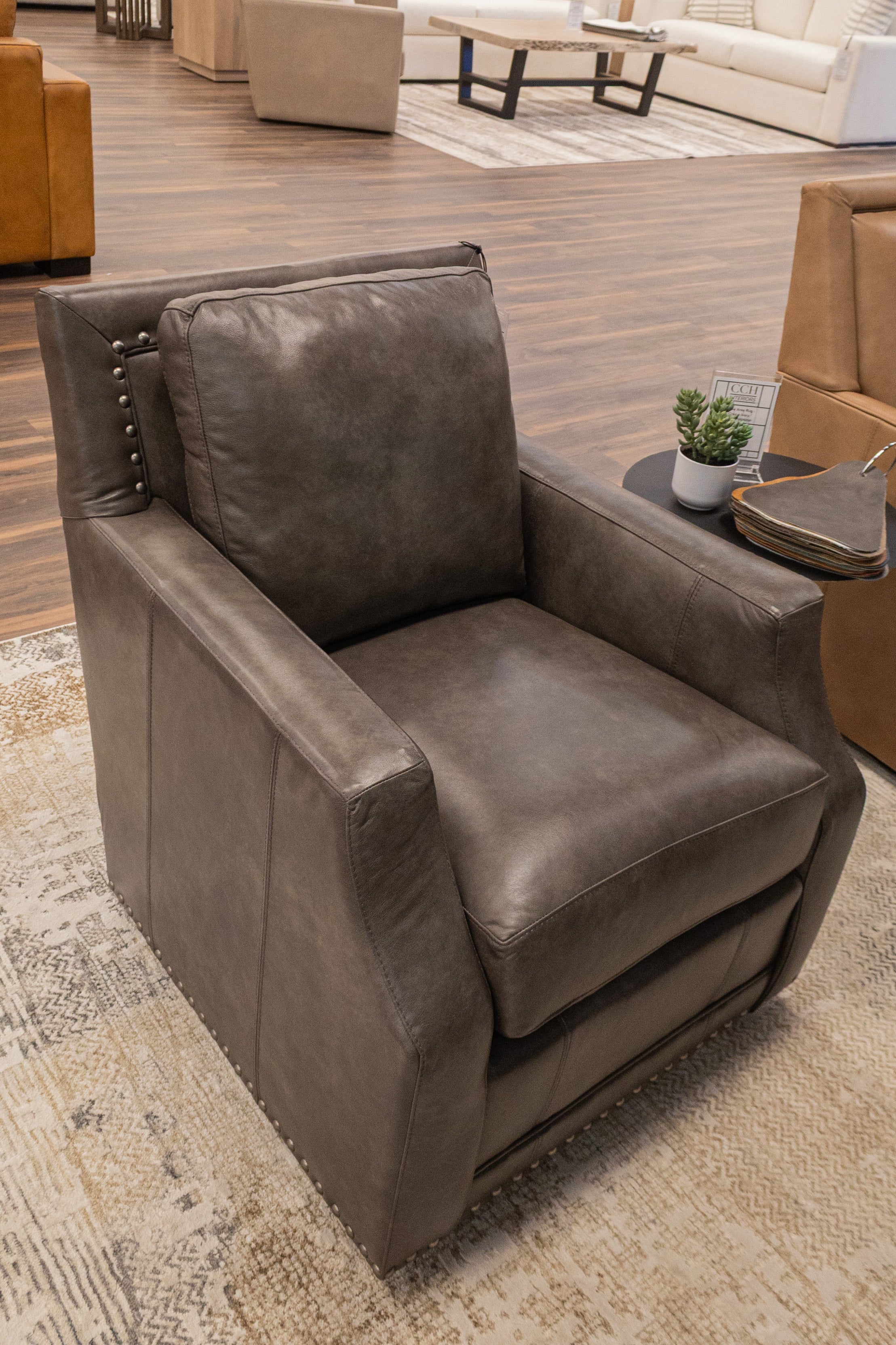 Topeka 29" Slope Arm Top Grain Leather Swivel Club Chair - Skipping Stone + Nickel