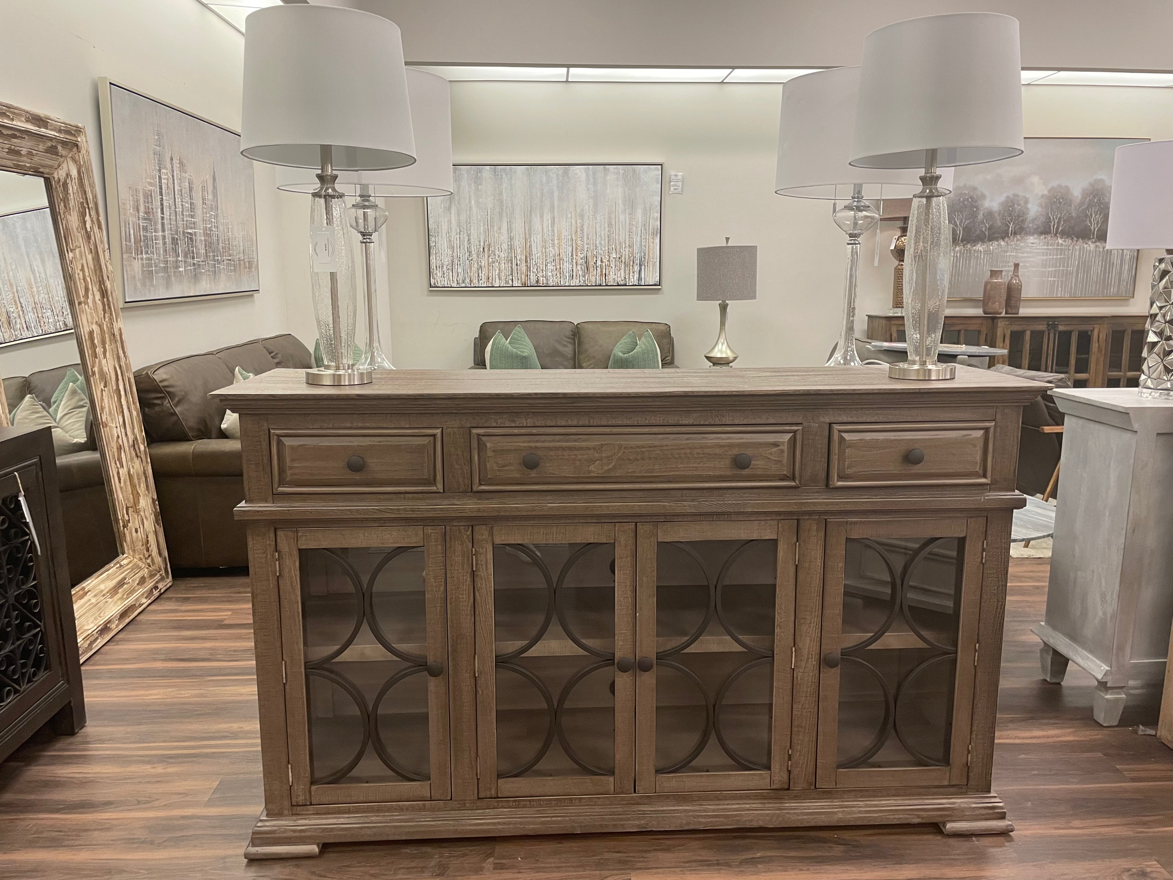 Branson 74" Glass Front Sideboard - Brown Wash