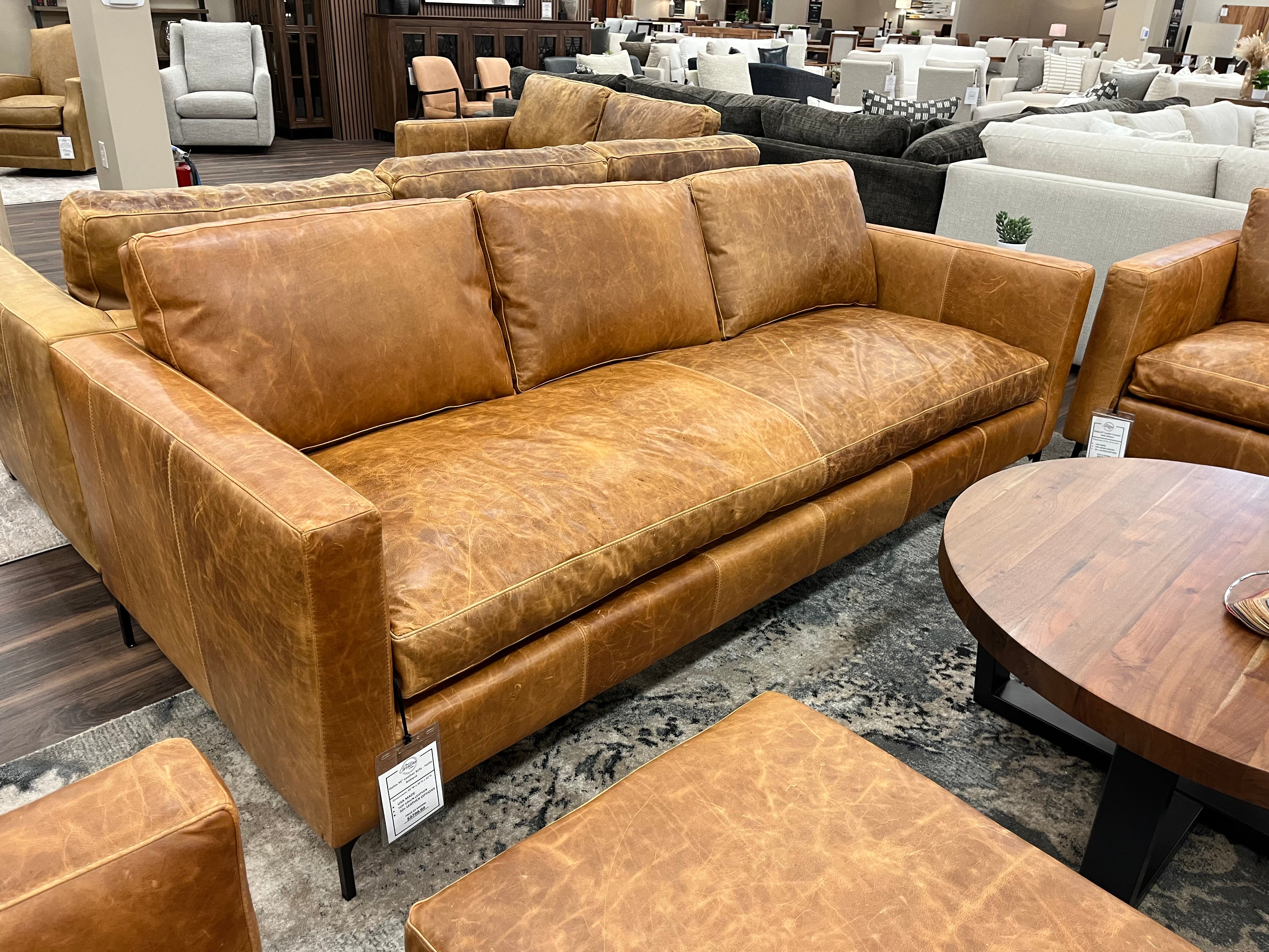 Dallas 95" Bench Cushion Top Grain Leather Sofa - Hollis Tobacco + Antique