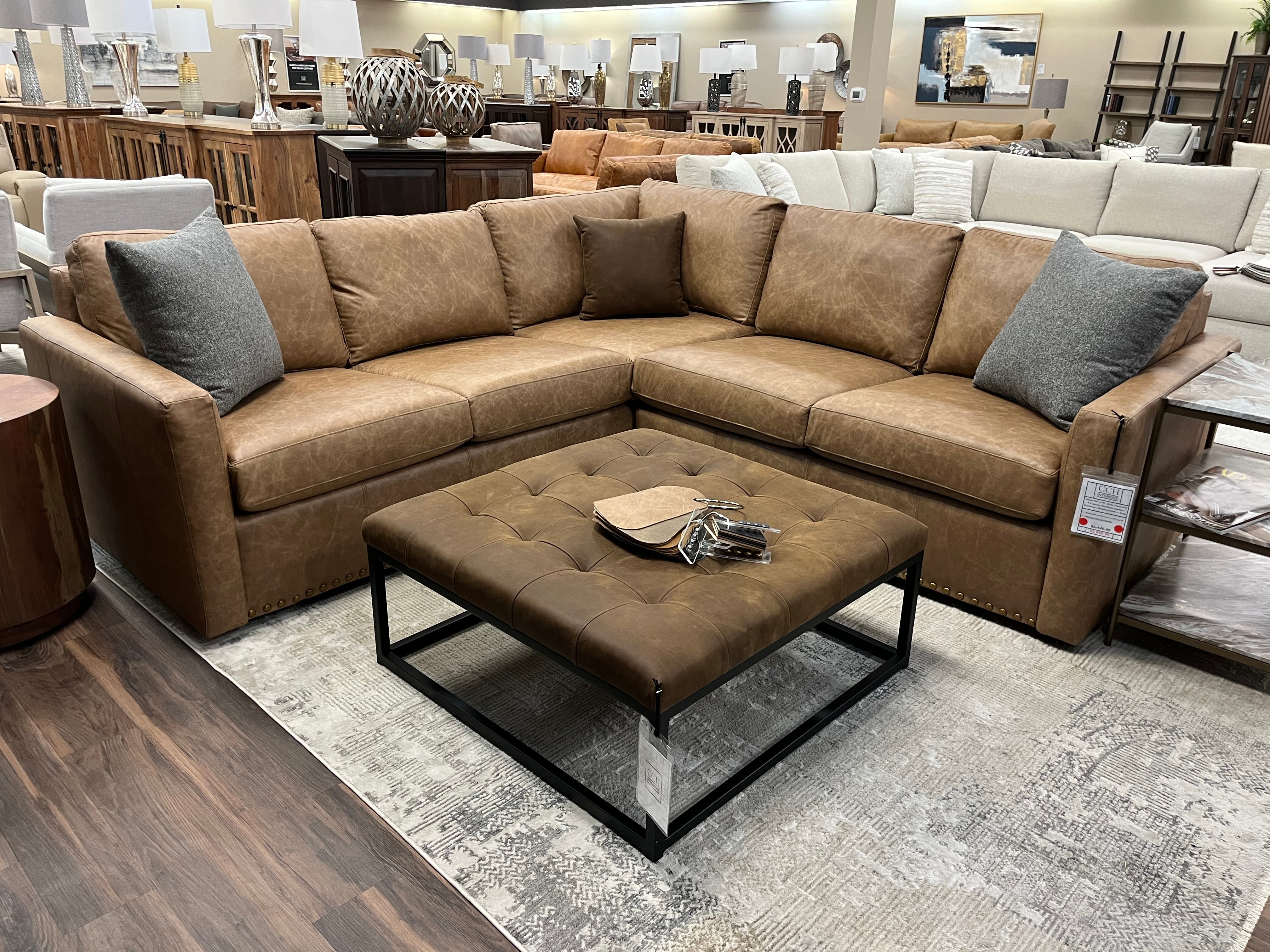 Wyatt 96" x 99" Wide Track Arm 5 Cushion Top Grain Leather Sectional - Omaha Amber + Brass Nailheads