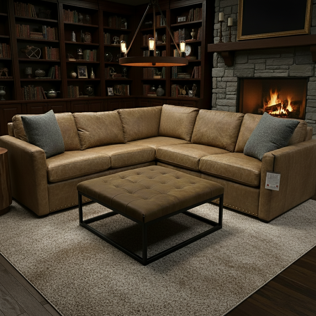Wyatt 96" x 99" Wide Track Arm 5 Cushion Top Grain Leather Sectional - Omaha Amber + Brass Nailheads