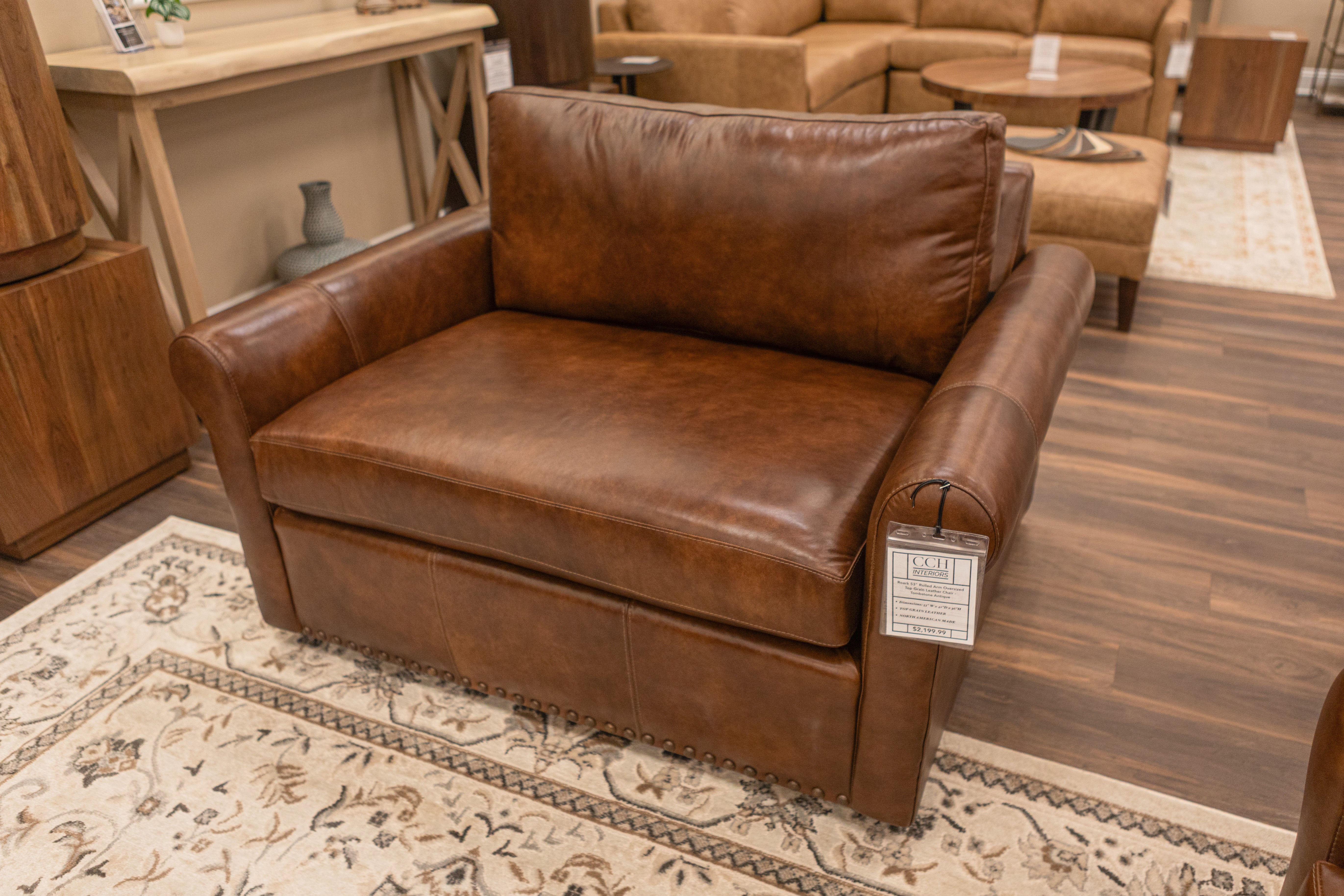 Roark 53" Rolled Arm Oversized Top Grain Leather Chair - Tombstone Antique