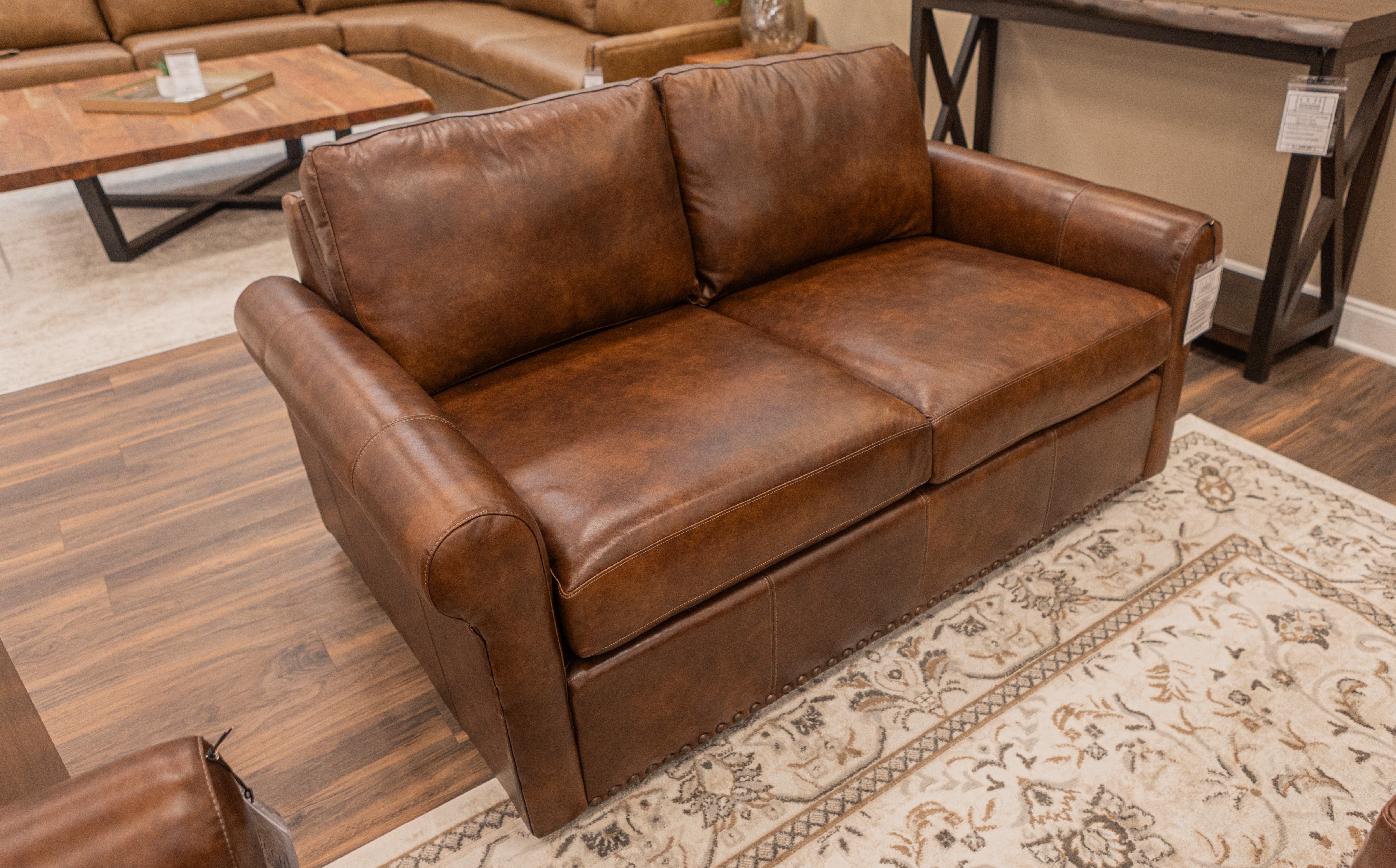 Roark 64" Rolled Arm 3 Cushion Top Grain Leather Loveseat - Tombstone Antique