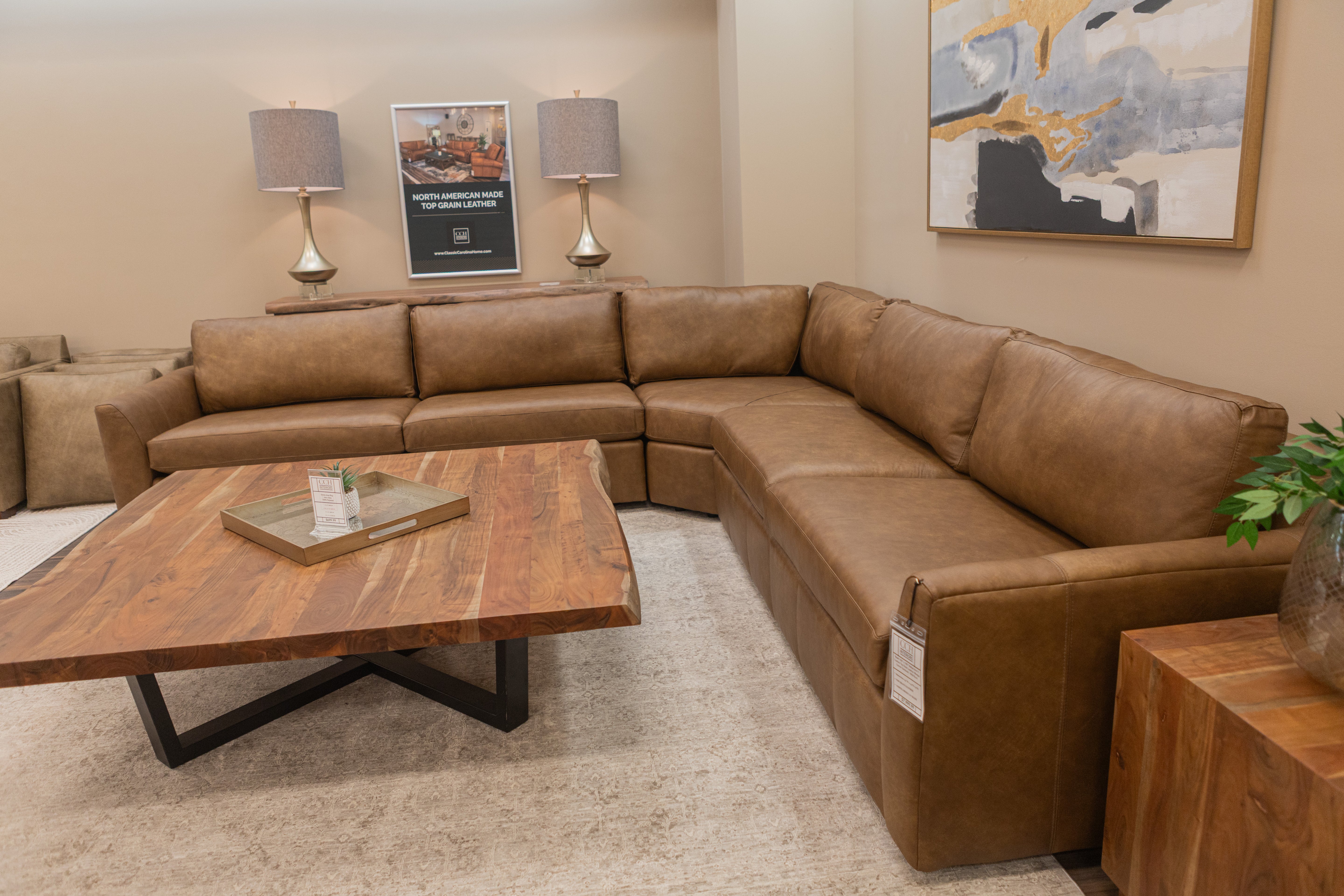 Wayne 139" x 139" Wedge Arm 5 Cushion Top Grain Leather Wedge Corner Sectional - Wild Buck