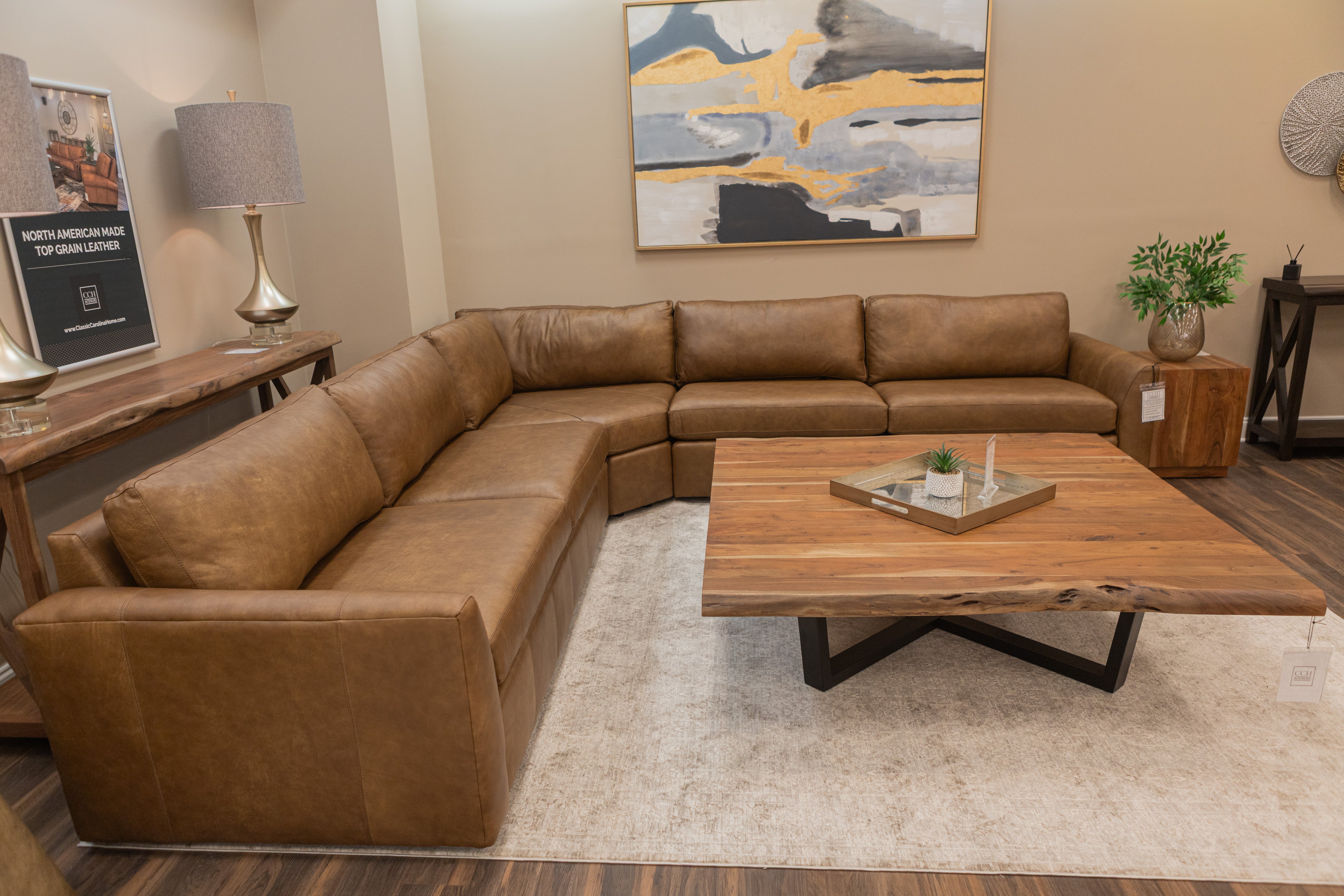 Wayne 139" x 139" Wedge Arm 5 Cushion Top Grain Leather Wedge Corner Sectional - Wild Buck