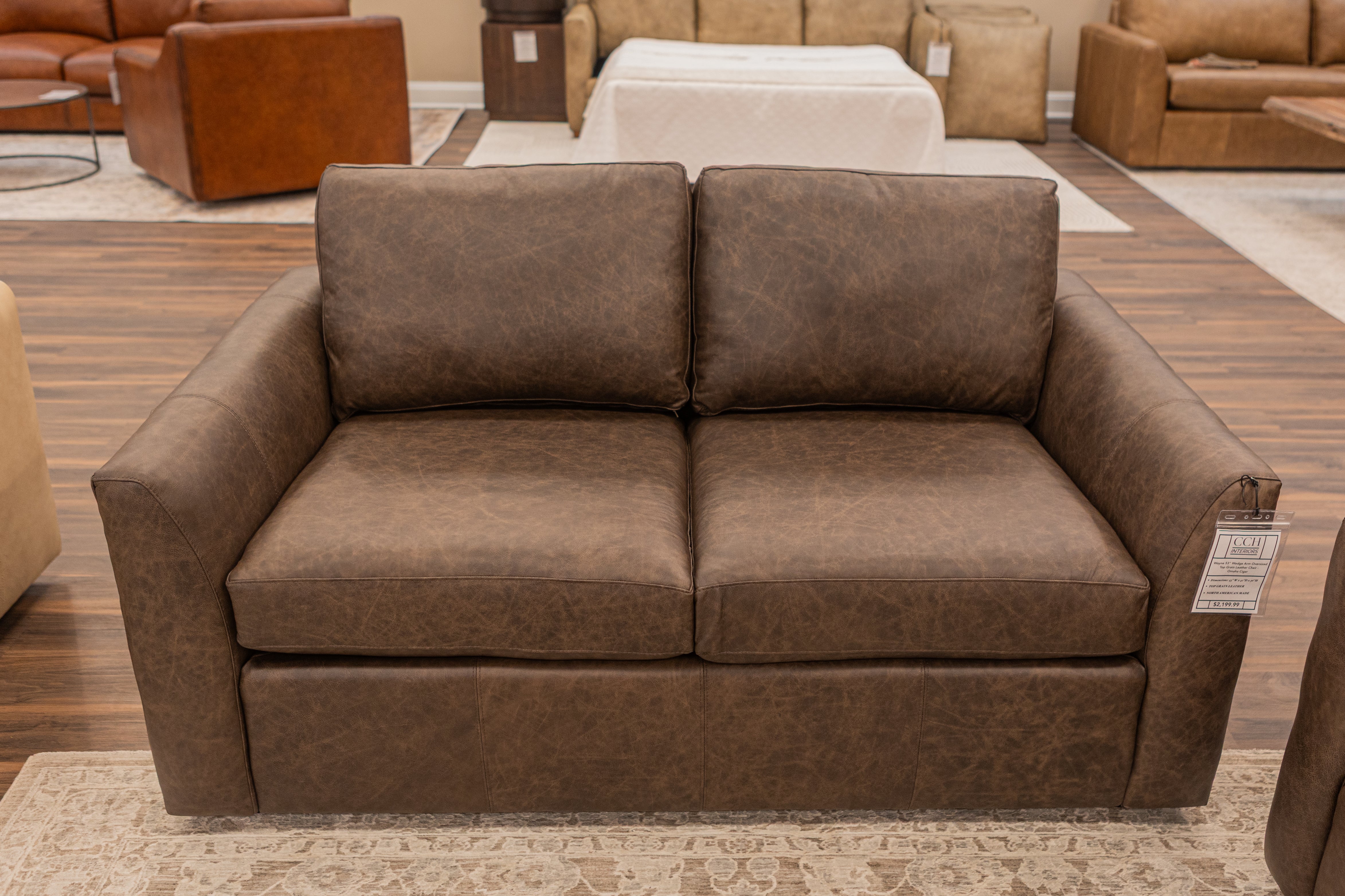 Wayne 65" Wedge Arm 2 Cushion Top Grain Leather Loveseat - Omaha Cigar