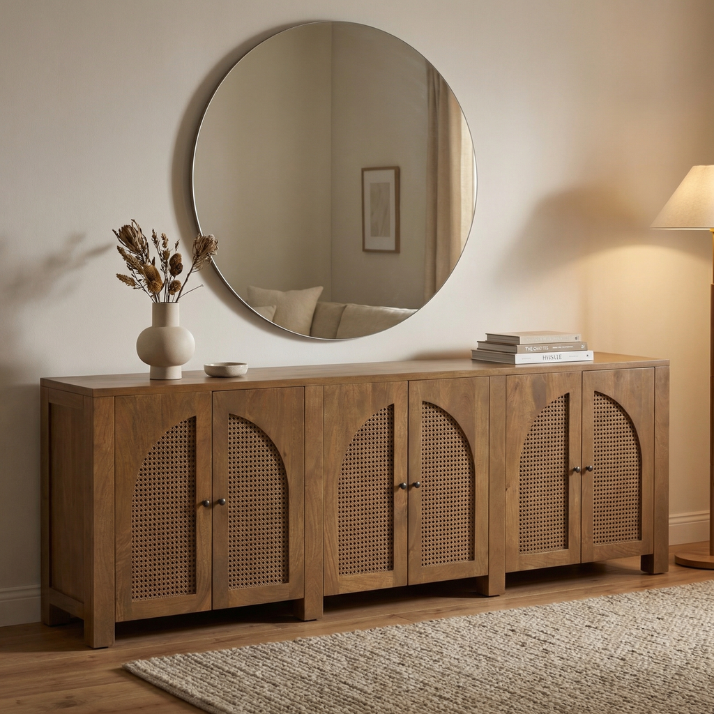 Izara 98" 6 Door Sideboard - Cane + Taupe