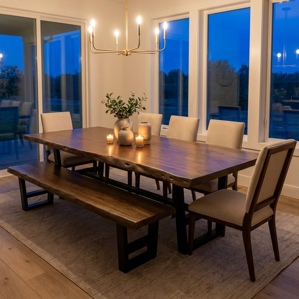 Malcolm 84" Acacia Live Edge Dining Bench - Natural + Smoke