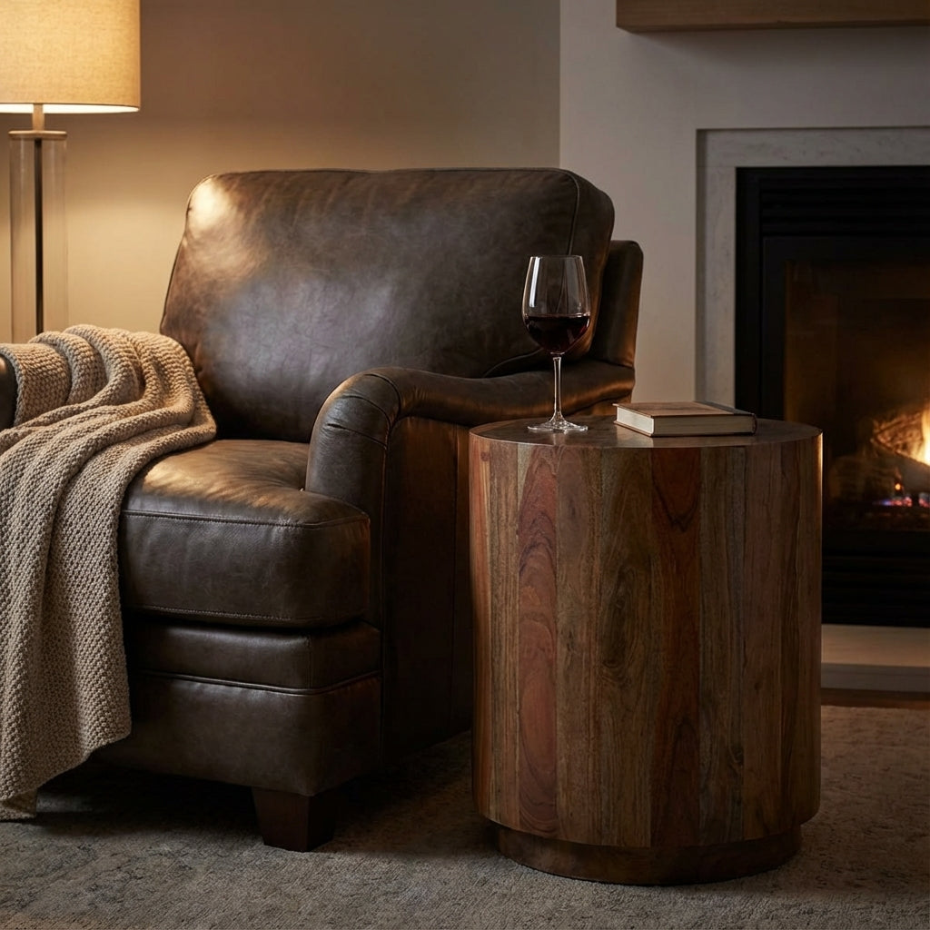 Malcolm Acacia 20" Round End Table - Natural + Smoke