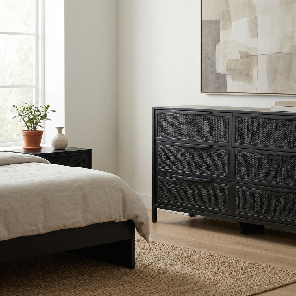 Marcelo 58" 6 Drawer Dresser - Black + Black Cane